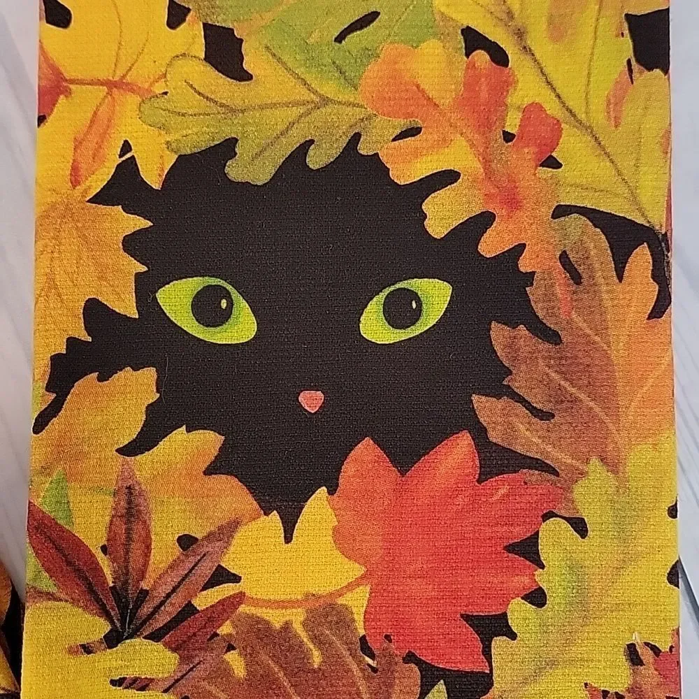 Kay Dee Designs Autumn Leaf Black Cat Print Kitchen Towels  NWOT  Set Of 2